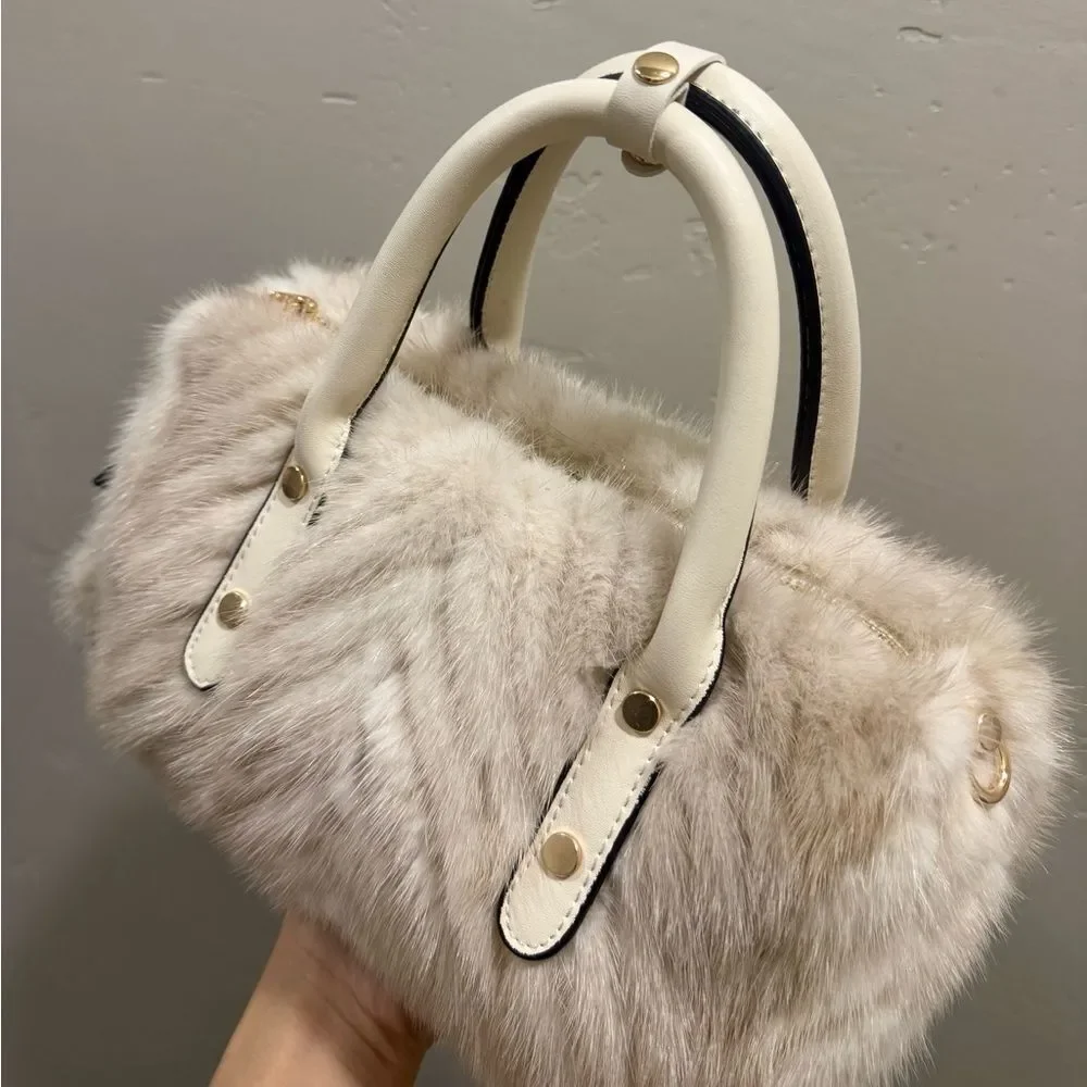 Ivory Real Mink Fur & Leather Handles Handmade Boston Bag & Mink Fur Bag Charm